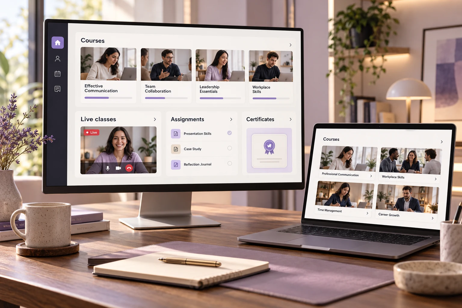 AI-generated concept of a learning platform with courses, live classes, assignments and certificates