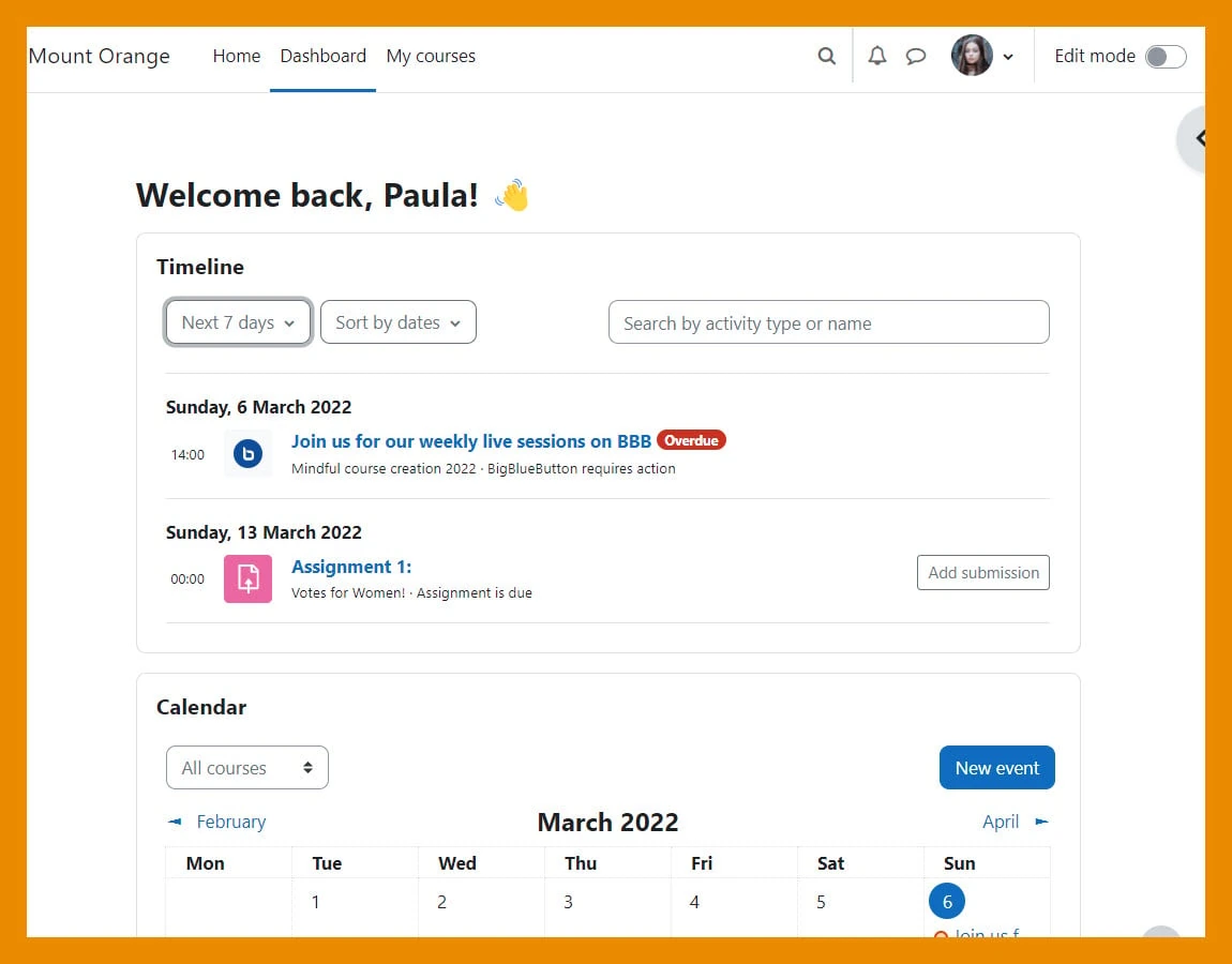 Moodle student dashboard reference showing a learning timeline and calendar